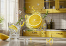 Fresh lemon with rosemary and ice cubes in kitchen