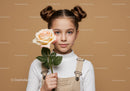 Young Girl with Pale Peach Rose Portrait on Soft Beige Background