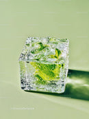 Fresh mint leaf encased in crystal clear ice cube