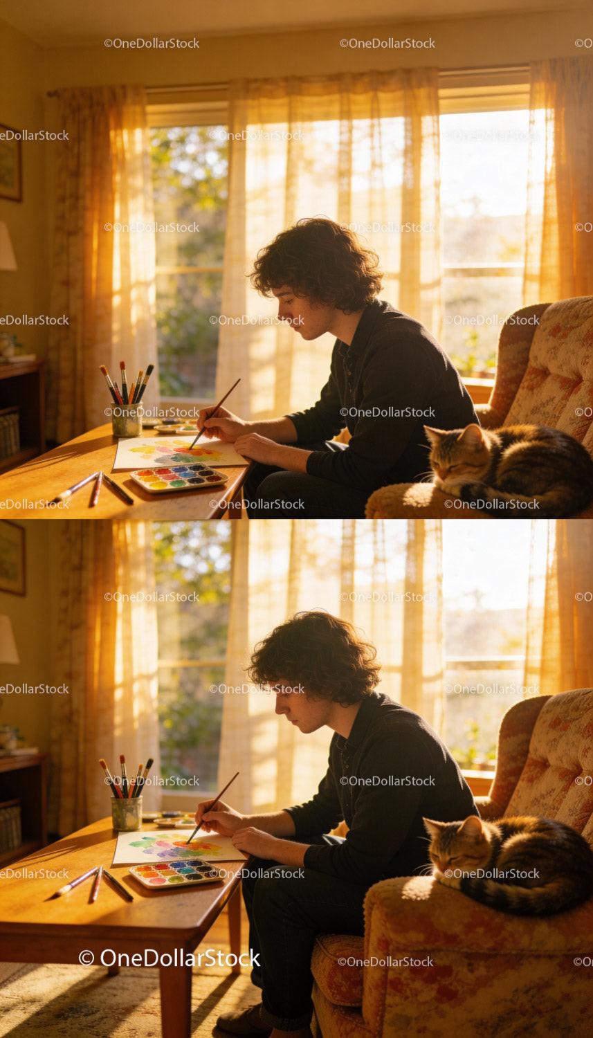 Young man painting colorful watercolors at home