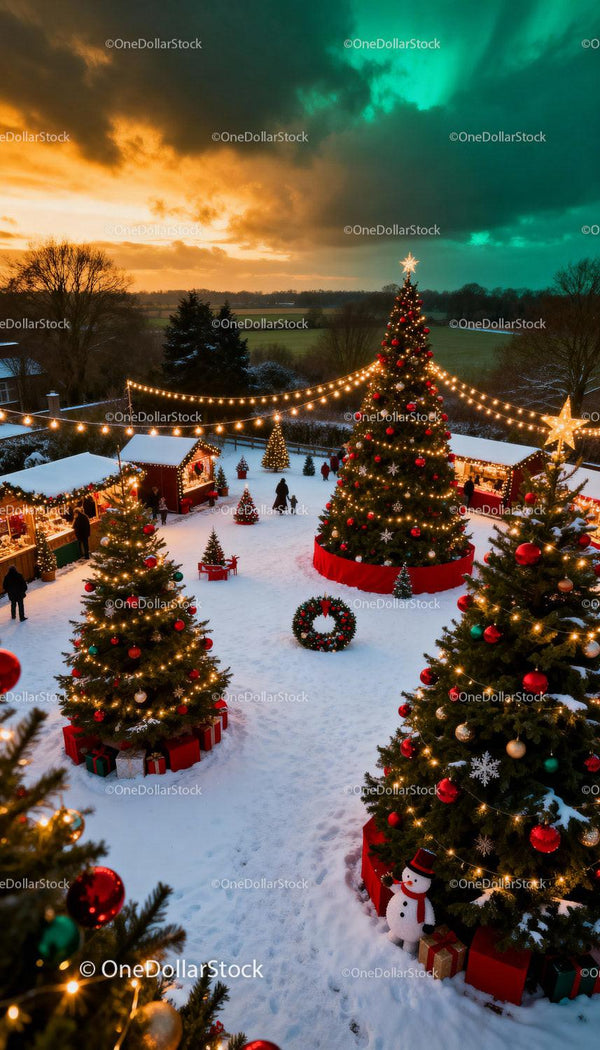 Festive Christmas Market with Decorated Trees in Snow