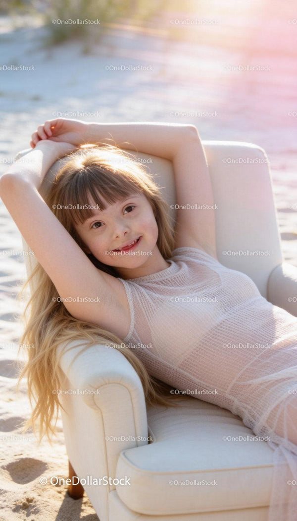 Smiling girl relaxing on white armchair outdoors