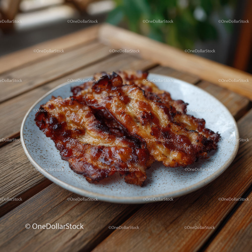 Crispy Bacon Strips on Plate with Wooden Table Background