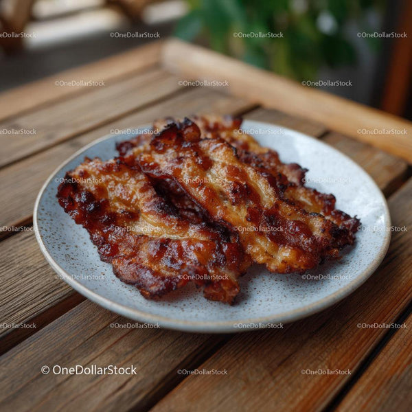Crispy Bacon Strips on Plate with Wooden Table Background