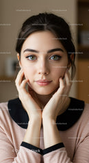 Elegant Young Woman with Blue Eyes and Dark Hair in Indoor Portrait
