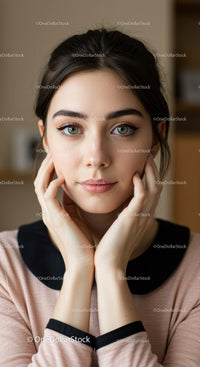 Elegant Young Woman with Blue Eyes and Dark Hair in Indoor Portrait