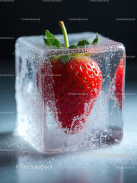 Fresh Strawberry Frozen Inside a Clear Ice Cube