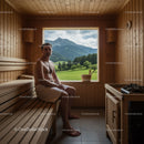 Man Relaxing in Wooden Sauna with Mountain View and Green Landscape