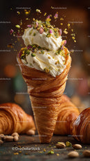 Creamy Pistachio Ice Cream in Crispy Waffle Cone with Nuts and Toppings