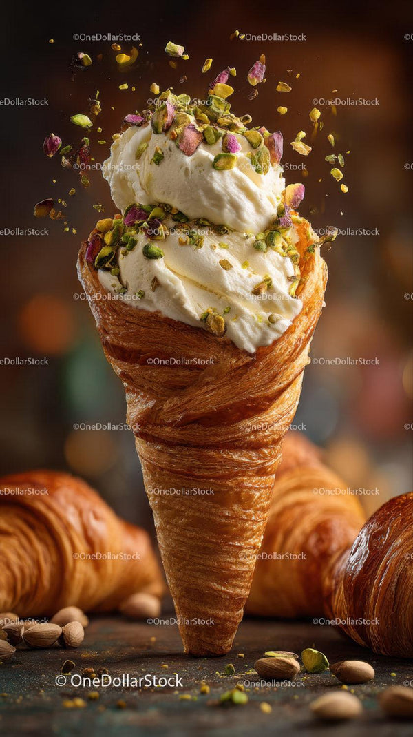 Creamy Pistachio Ice Cream in Crispy Waffle Cone with Nuts and Toppings
