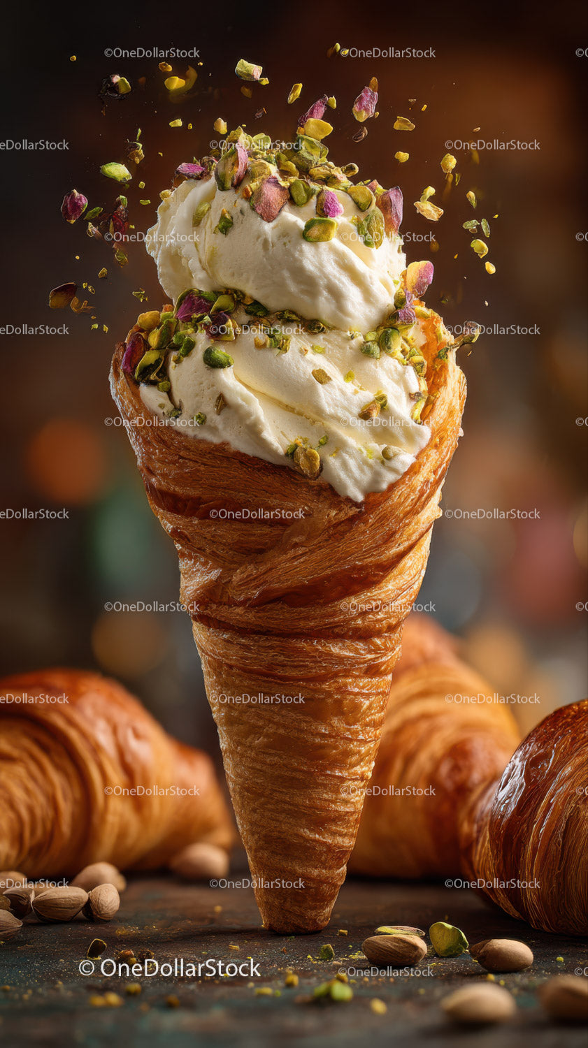 Kremowe lody pistacjowe w chrupiącym wafelku z orzechami i dodatkami