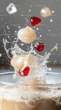 Dynamic Splash of Fruit and Ice Cubes in Refreshing Drink