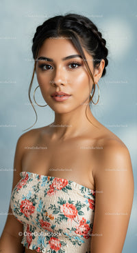 Young Woman in Floral Top With Braided Hairstyle and Hoop Earrings