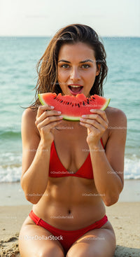 Young Woman Enjoying Watermelon at the Beach in Red Bikini