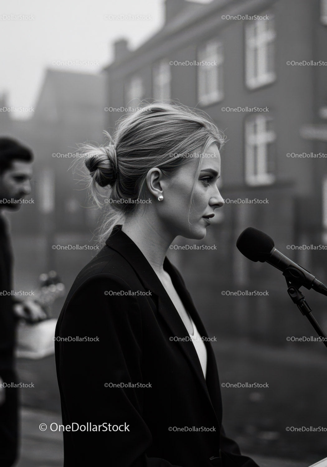 Elegancka blondynka w czarnej marynarce mówiąca do mikrofonu na zewnątrz
