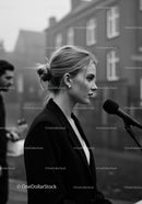 Elegant Blonde Woman in Black Blazer Speaking Into Microphone Outdoors
