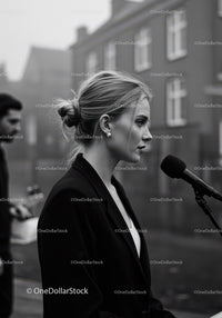 Elegant Blonde Woman in Black Blazer Speaking Into Microphone Outdoors