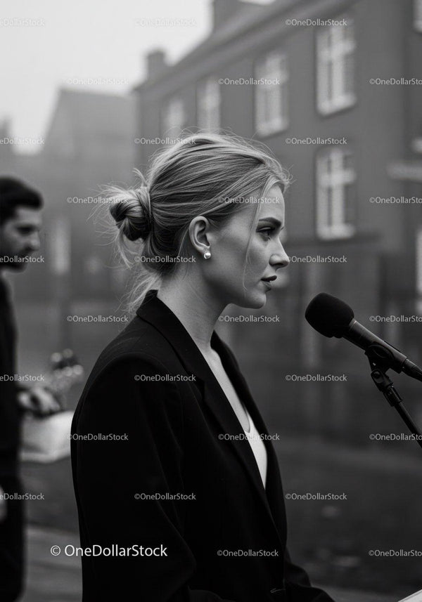 Elegant Blonde Woman in Black Blazer Speaking Into Microphone Outdoors
