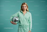 Young Woman in Mint Green Tracksuit Holding Disco Ball in Studio