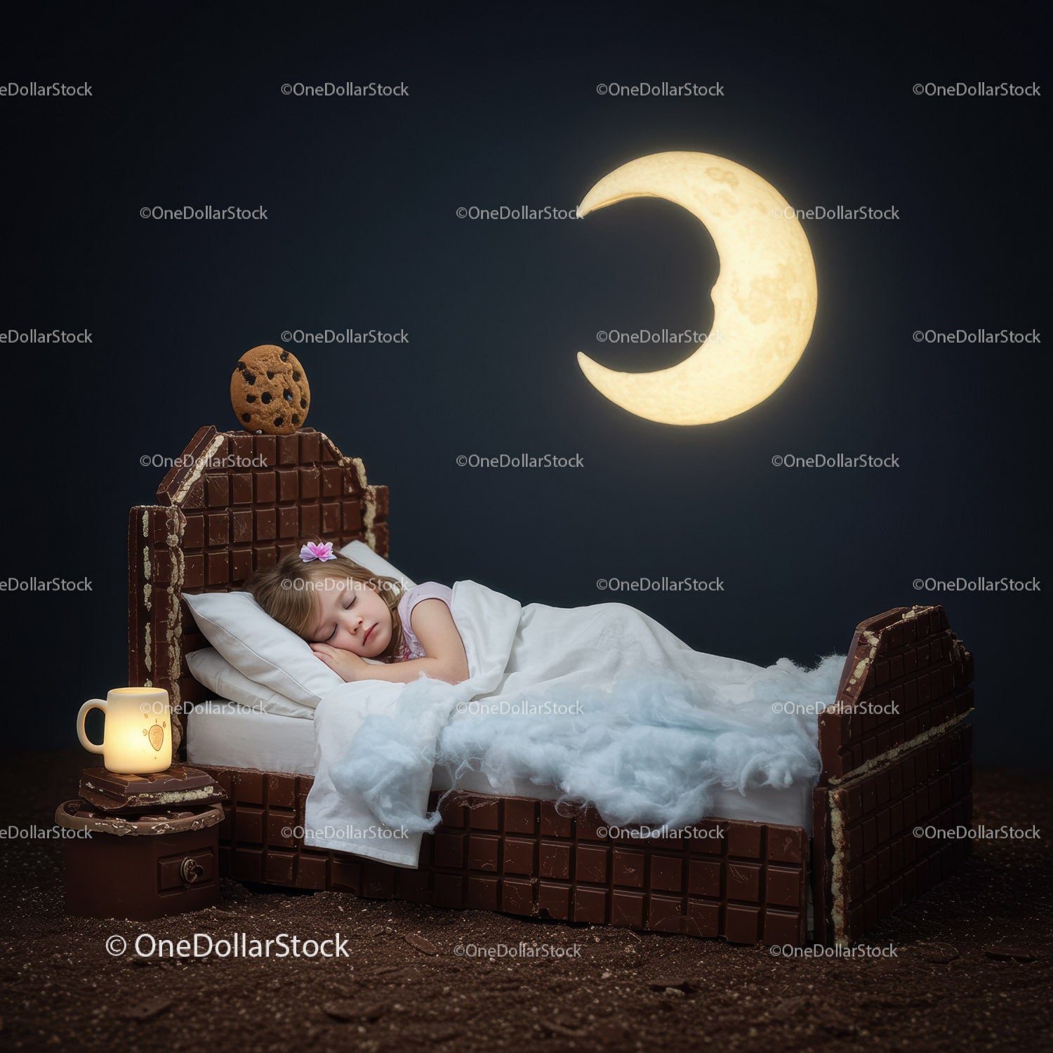 Sleeping child in chocolate bed under glowing moonlight