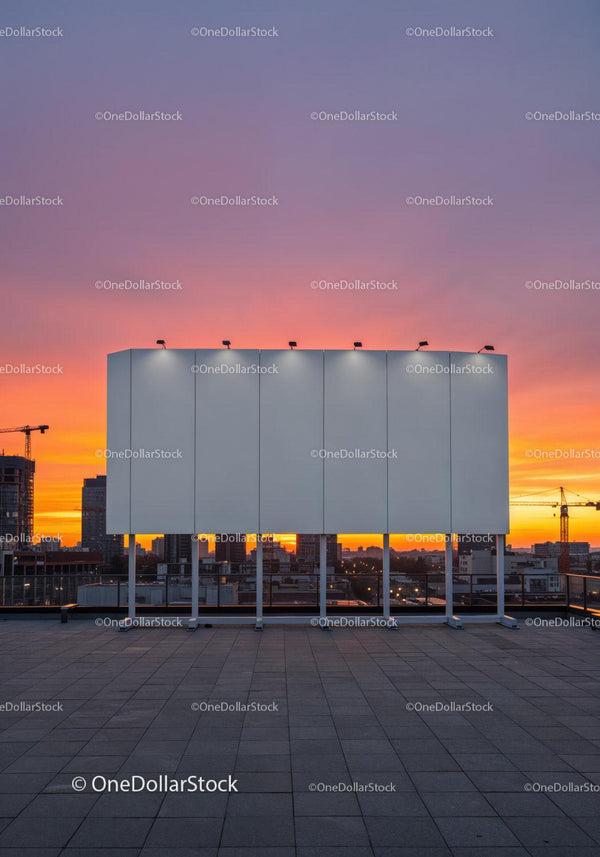 Empty Rooftop Terrace Overlooking City Skyline at Sunset JPG Mockup Image