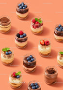 Assorted layered desserts with fresh berries in jars