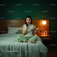 Young Woman Podcasting in a Cozy Modern Bedroom Setting