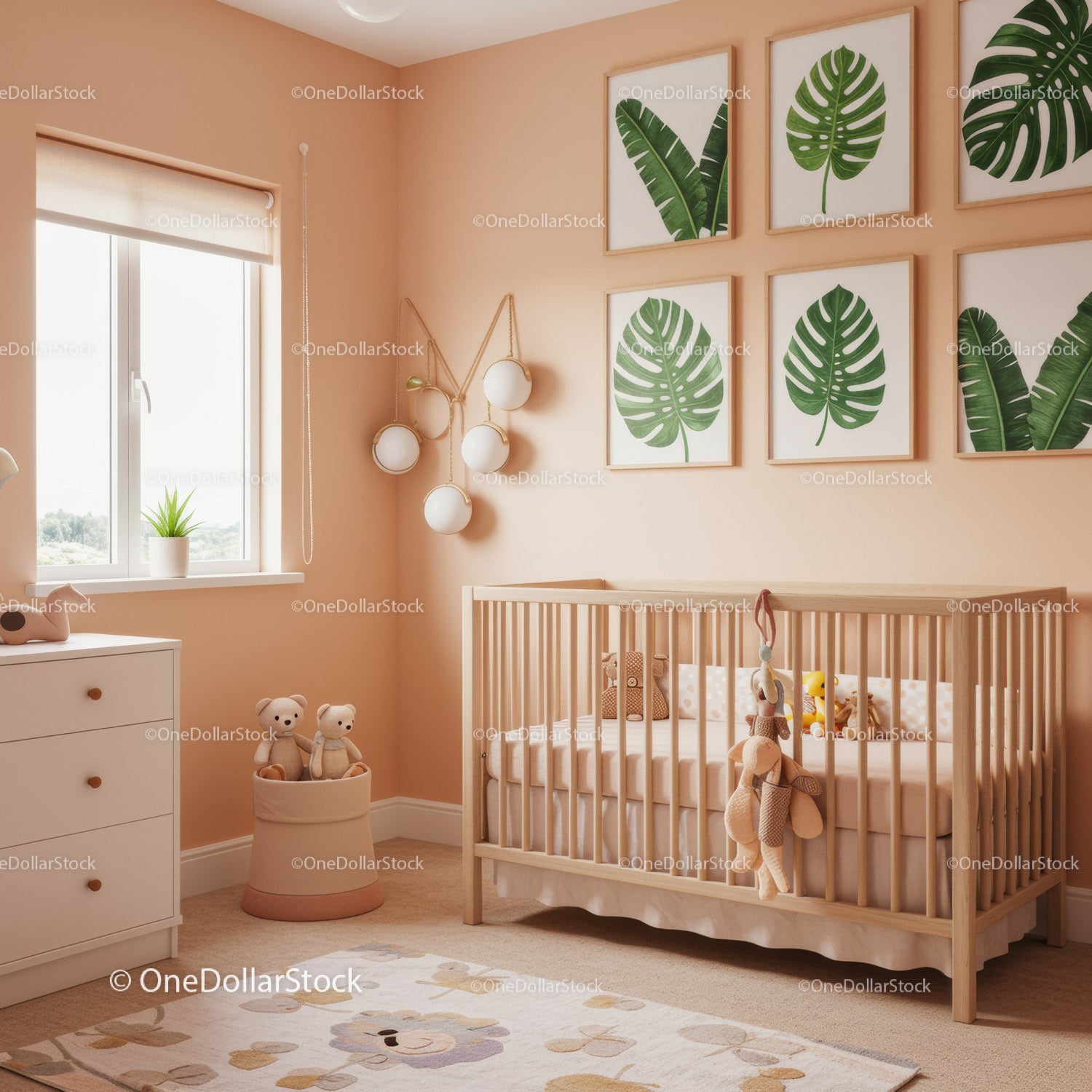 Cozy Baby Nursery with Green Monstera Wall Art and Natural Lighting