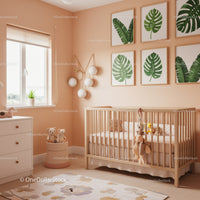 Cozy Baby Nursery with Green Monstera Wall Art and Natural Lighting