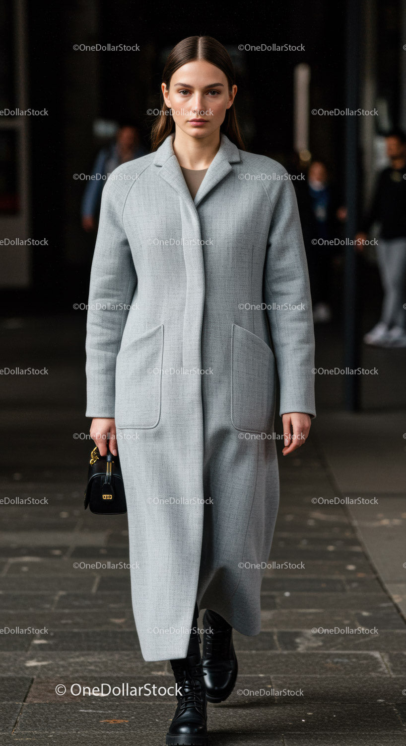 Elegant Woman in Long Gray Coat Walking on City Street