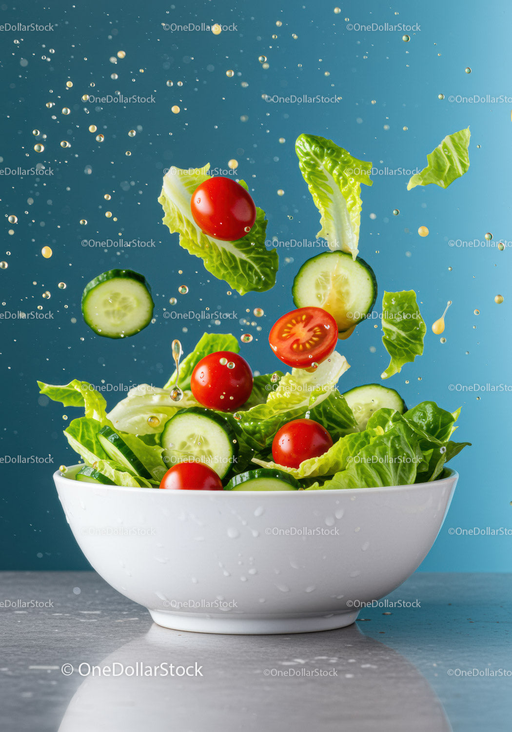 Fresh garden salad ingredients tossing in white bowl