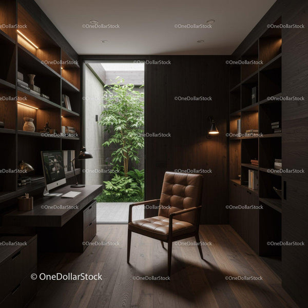Modern Dark Wood Office with Green Indoor Garden