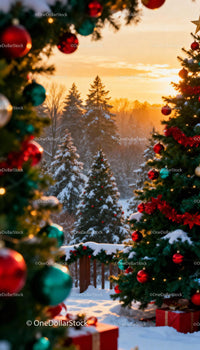 Winter Sunset Through Decorated Christmas Trees on Snowy Deck