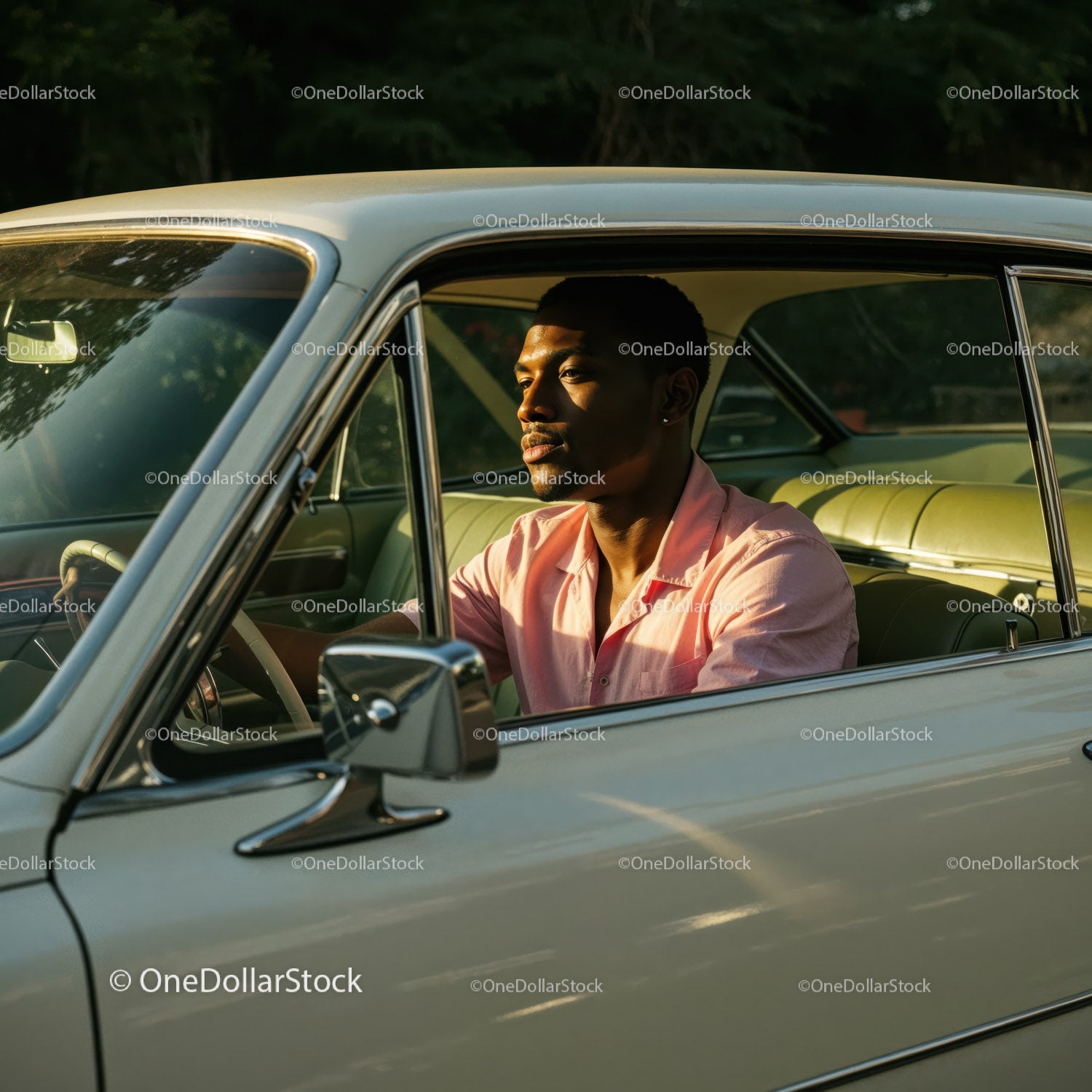 Young Man in Pink Shirt Driving Classic Car in Scenic Environment