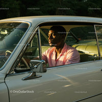 Young Man in Pink Shirt Driving Classic Car in Scenic Environment
