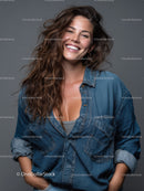 Happy Woman with Long Hair Wearing Denim Jacket in Studio Portrait