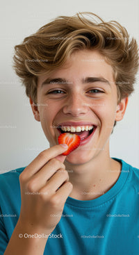 Young Man with Strawberries Smiling Broadly in Casual Setting