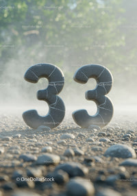Stone number 33 standing on rocky ground with mist