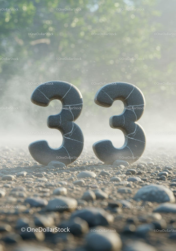 Stone number 33 standing on rocky ground with mist