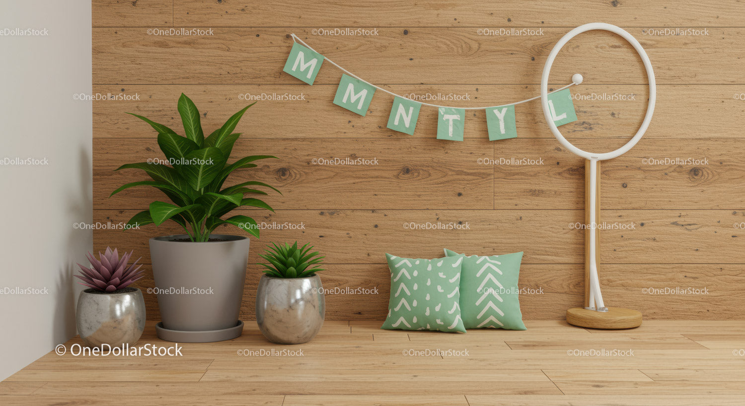 Green Houseplant with Decorative Cushions and Wooden Wall Interior