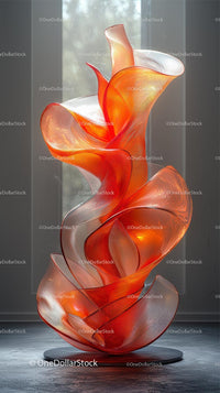 Elegant Abstract Glass Sculpture with Vibrant Orange Red Colors
