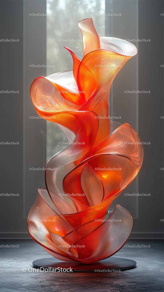 Elegant Abstract Glass Sculpture with Vibrant Orange Red Colors