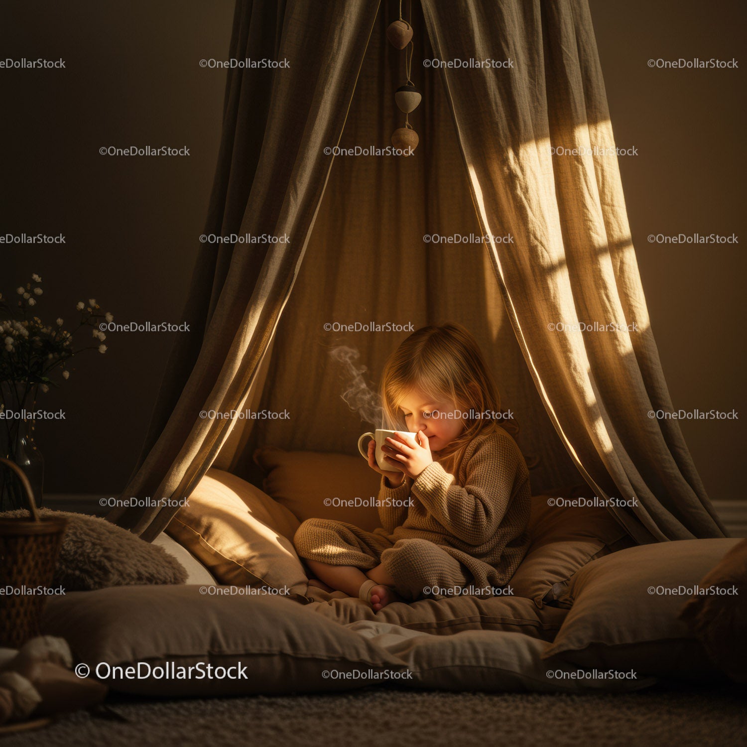 Child enjoying warm drink in cozy fabric tent
