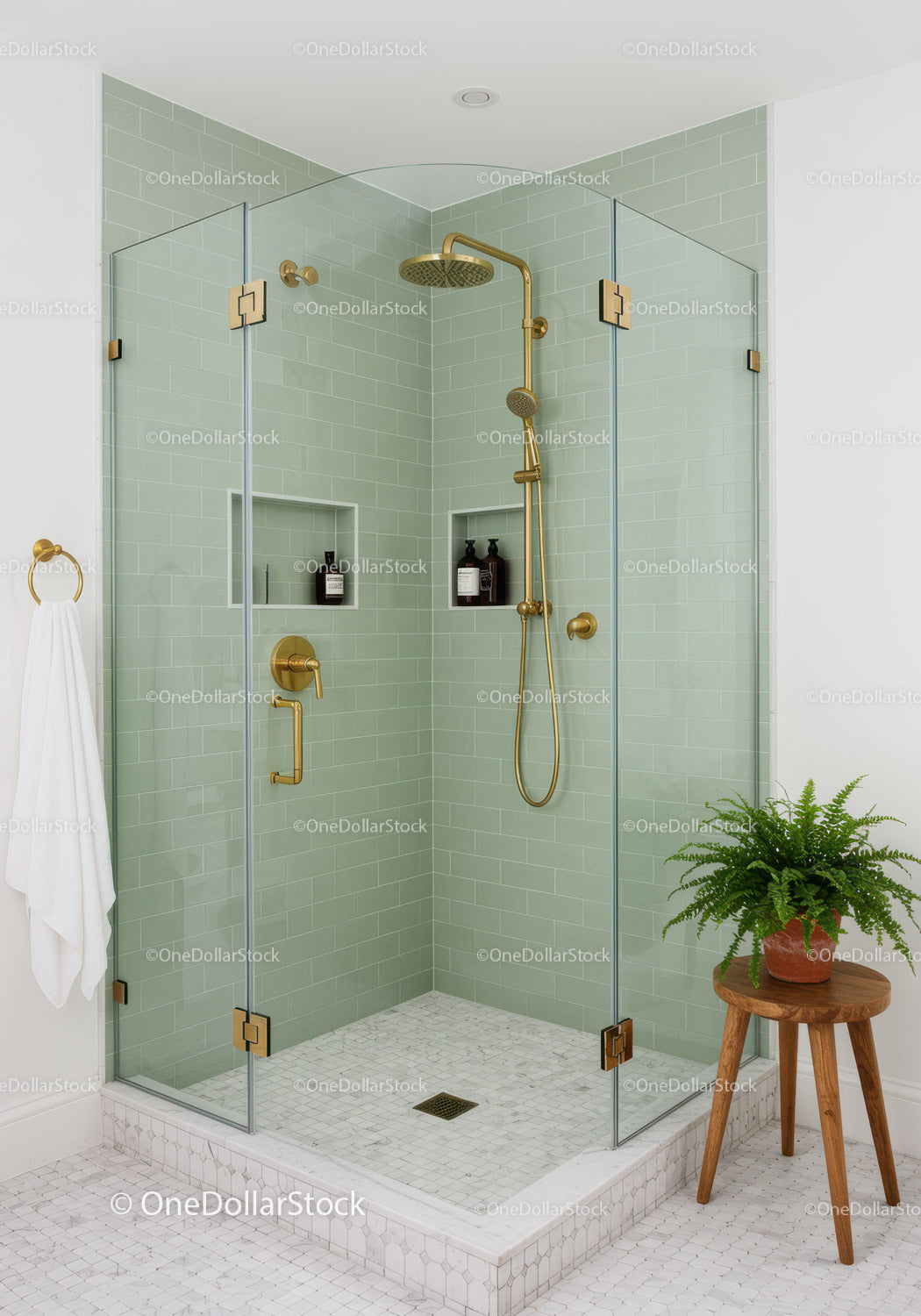 Modern Glass Shower With Gold Fixtures and Green Tiles
