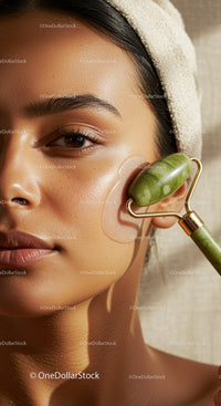 Close Up of Woman Using Jade Roller for Facial Massage and Skin Rejuvenation