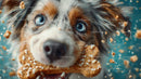 Adorable Dog with Bright Blue Eyes Playing with Biscuit in Water