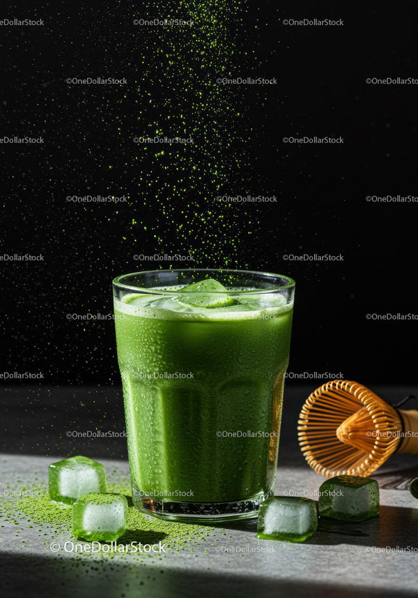 Refreshing iced matcha tea with bamboo whisk and powder