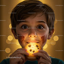 Curious boy holding glowing chocolate chip cookie