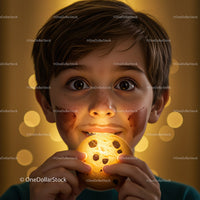 Curious boy holding glowing chocolate chip cookie