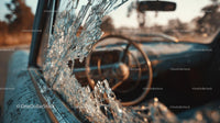 Abandoned Vintage Car with Broken Glass at Sunset